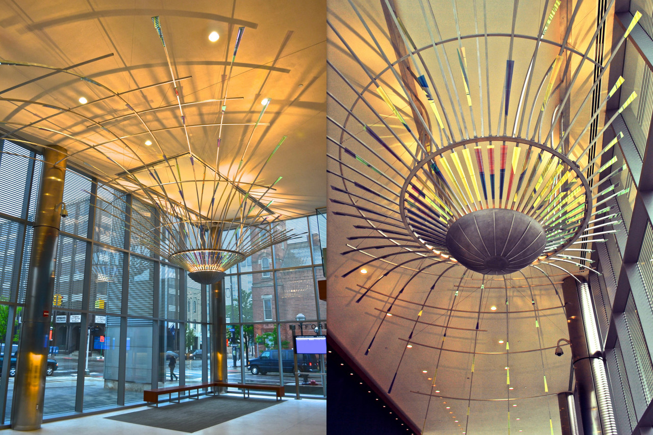 Ed Carpenter’s Radius suspended ceiling sculpture emanates outward through the Ann Arbor Justice Center lobby and is designed to involve as much of the lobby as possible, radiating from the southeast corner, visible from inside and outside. | Image 2 | Ed Carpenter, Artist