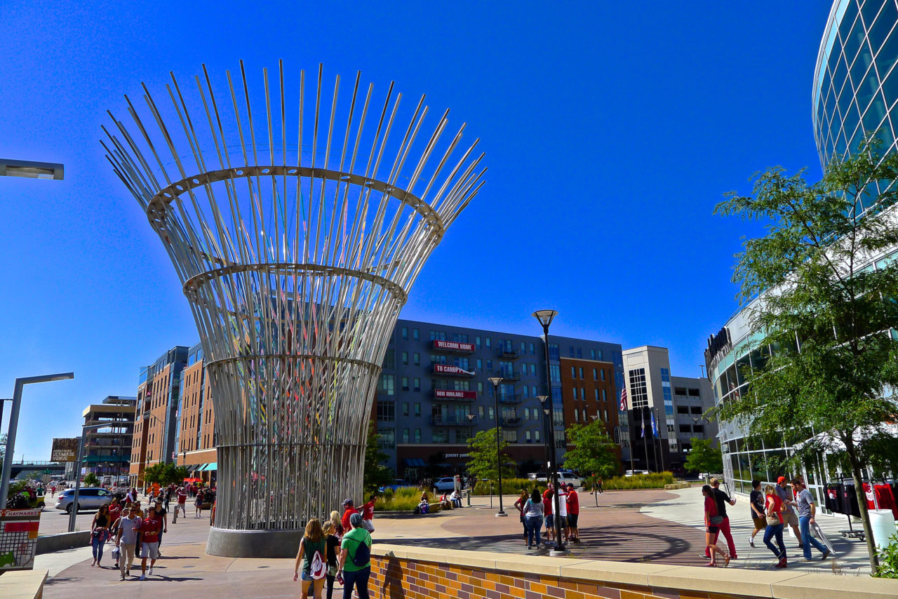 Harvest monumental public sculpture in Lincoln, Nebraska day view, view with fans coming down from the Pinnacle Bank Arena ramp. | Image 5 | Ed Carpenter, Artist