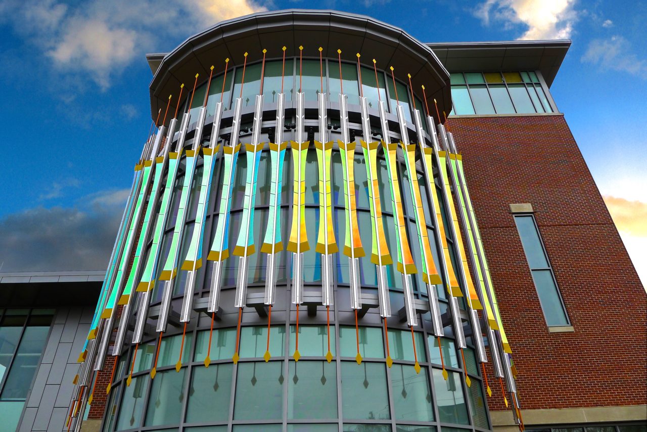 Rohrer College of Business at Rowan University close up of Threshold laminated dichroic glass and perforated stainless steel sculpture showing dichroic glass detail. | Image 5 | Ed Carpenter, Artist