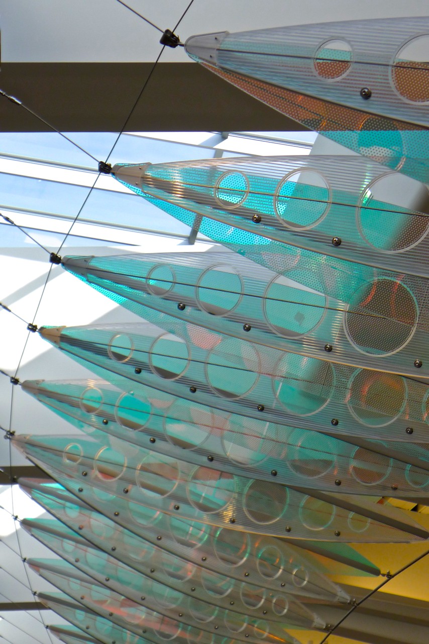 A colorful close up of Ed Carpenter’s Wichita Dwight D. Eisenhower National Airport suspended sculpture Aloft. | Image 7 | Ed Carpenter, Artist