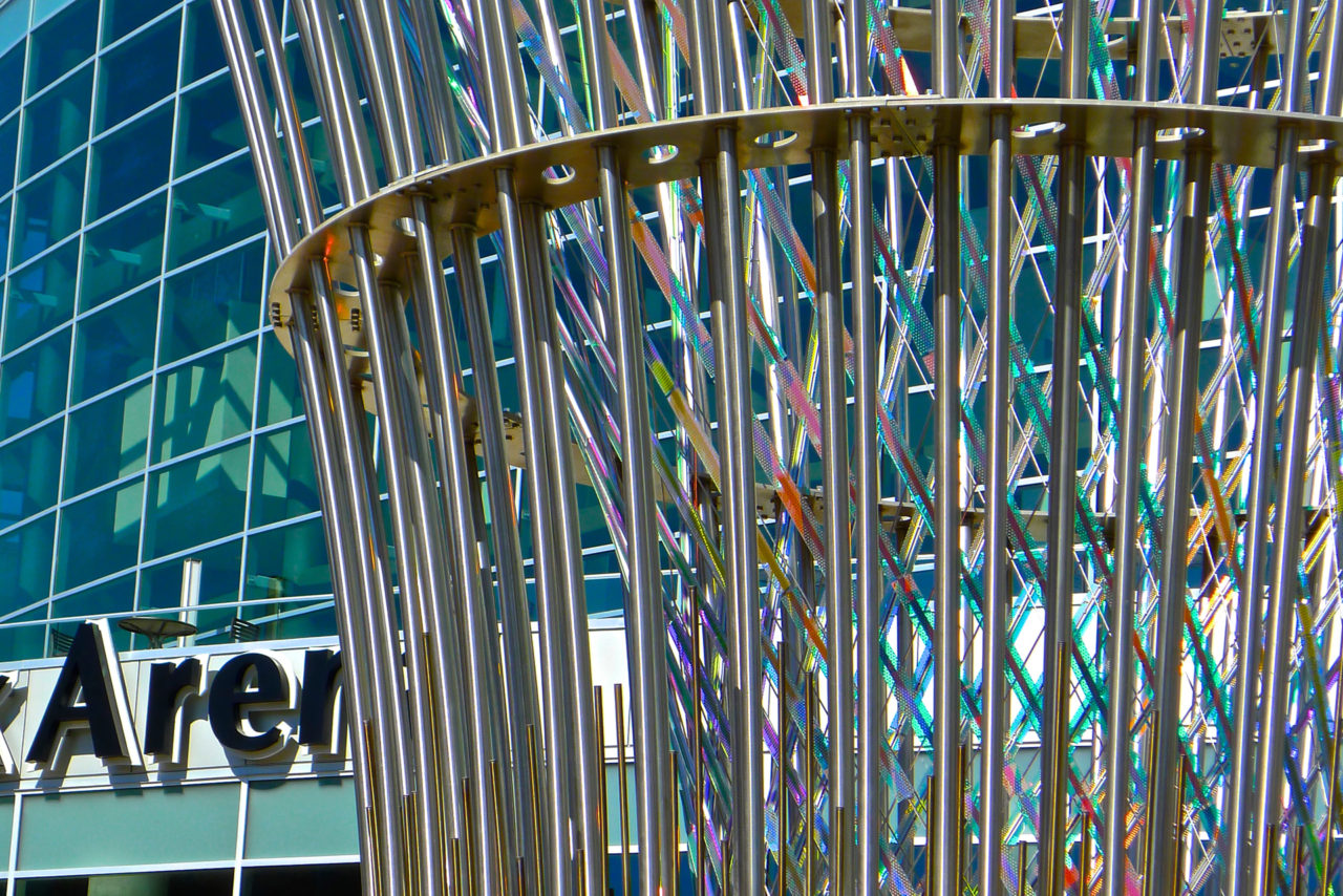 Harvest  monumental public sculpture in Lincoln, Nebraska close up, showing dichroic glass and stainless steel and dichroic glass structural tension elements. | Image 8 | Ed Carpenter, Artist