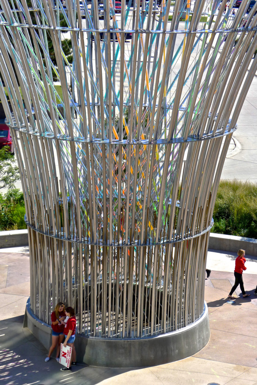 Harvest monumental public sculpture in Lincoln, Nebraska close up, showing dichroic glass and stainless steel elements. | Image 9 | Ed Carpenter, Artist