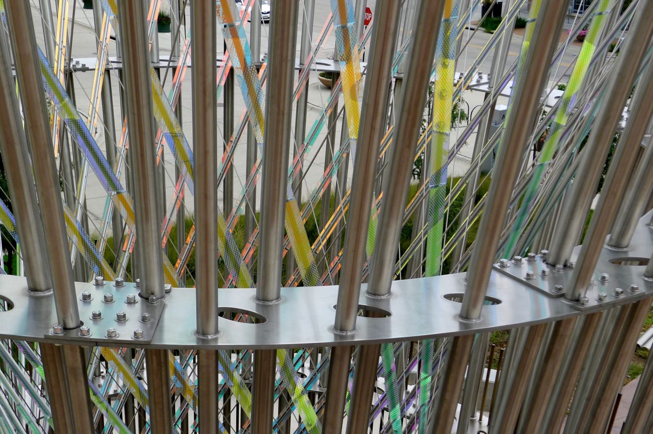 Harvest monumental public sculpture in Lincoln, Nebraska close up, showing dichroic glass and stainless steel elements. | Image 10 | Ed Carpenter, Artist