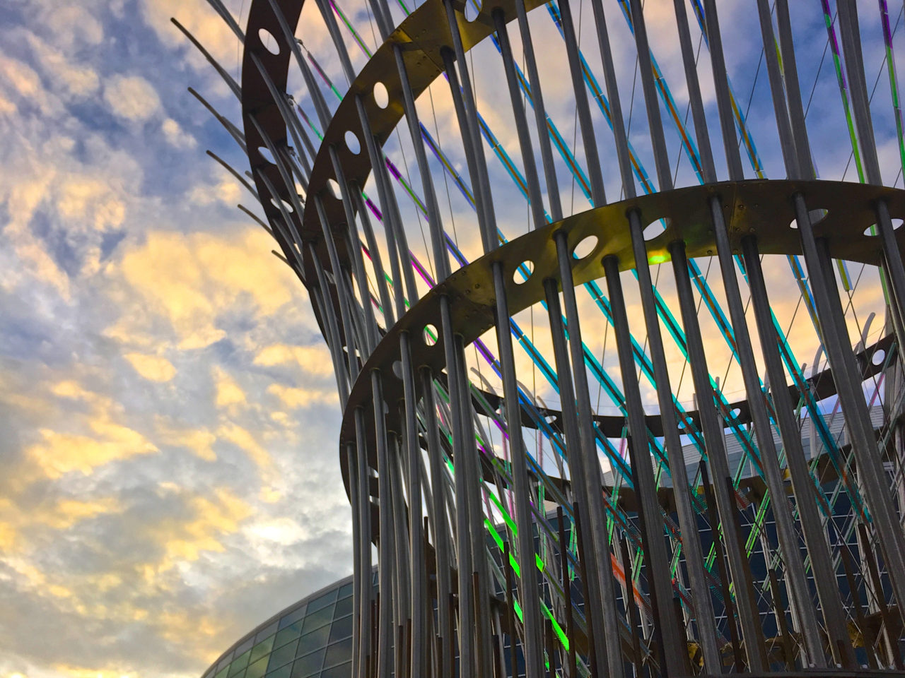 Harvest monumental public sculpture in Lincoln, Nebraska close up, showing dichroic glass and stainless steel elements. | Image 11 | Ed Carpenter, Artist