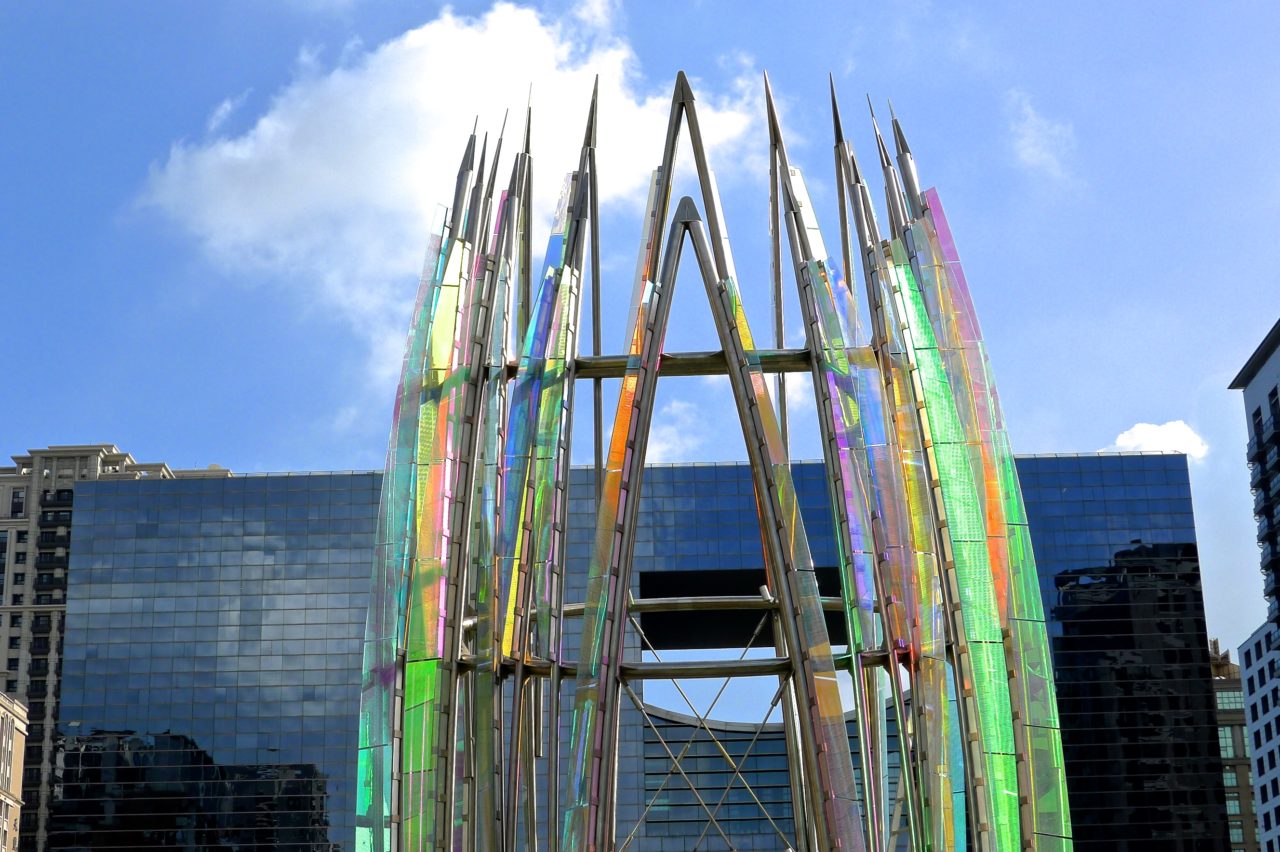 Taichung, Taiwan Civic Center monumental sculpture: Stainless Steel and Laminated Dichroic Glass. Details of Crocus top portion. | Image 14 | Ed Carpenter, Artist