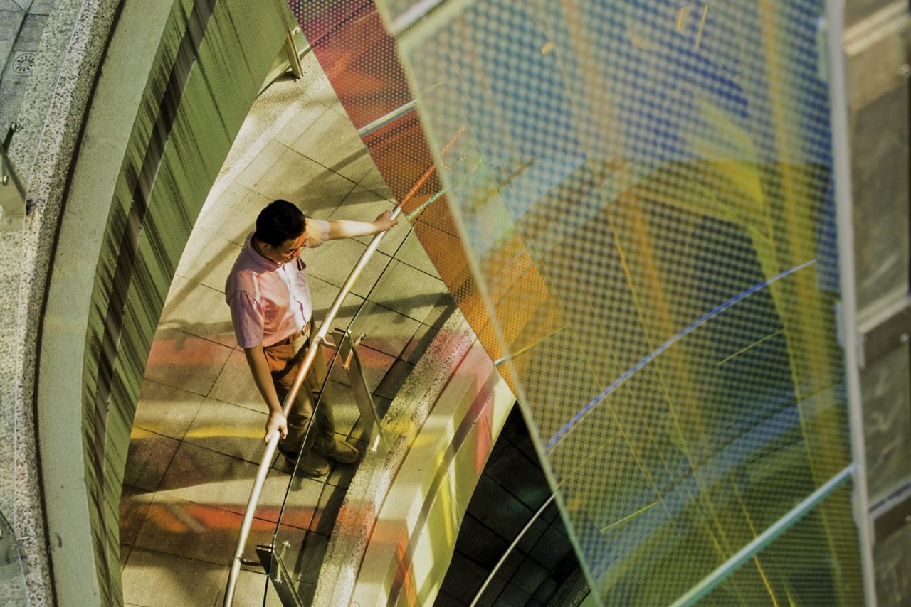 Taichung, Taiwan Civic Center monumental sculpture: Stainless Steel and Laminated Dichroic Glass. View halfway up on the stairs from the two levels of parking below the parks. | Image 13 | Ed Carpenter, Artist