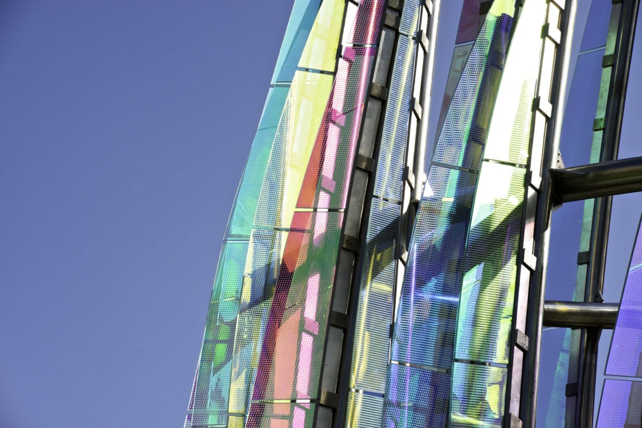 Taichung, Taiwan Civic Center monumental sculpture: Stainless Steel and Laminated Dichroic Glass. Close up of the details of the stainless steel and laminated glass in the sculpture, Crocus. | Image 11 | Ed Carpenter, Artist