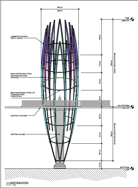 Taichung, Taiwan Civic Center monumental sculpture: Stainless Steel and Laminated Dichroic Glass. East elevation drawing of Crocus. | Image 18 | Ed Carpenter, Artist