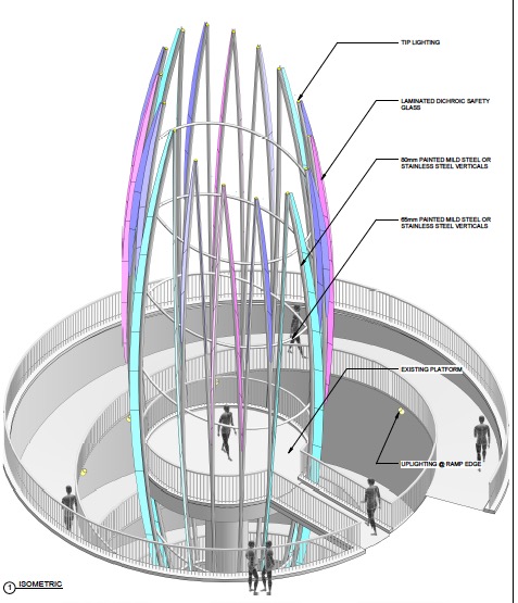 Taichung, Taiwan Civic Center monumental sculpture: Stainless Steel and Laminated Dichroic Glass. Isometric drawing of Crocus. | Image 17 | Ed Carpenter, Artist