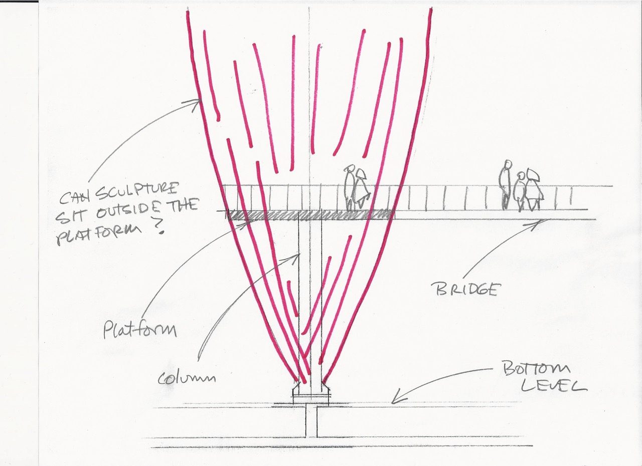 Taichung, Taiwan Civic Center monumental sculpture: Stainless Steel and Laminated Dichroic Glass. Hand drawn preliminary design sketch of Crocus. | Image 16 | Ed Carpenter, Artist