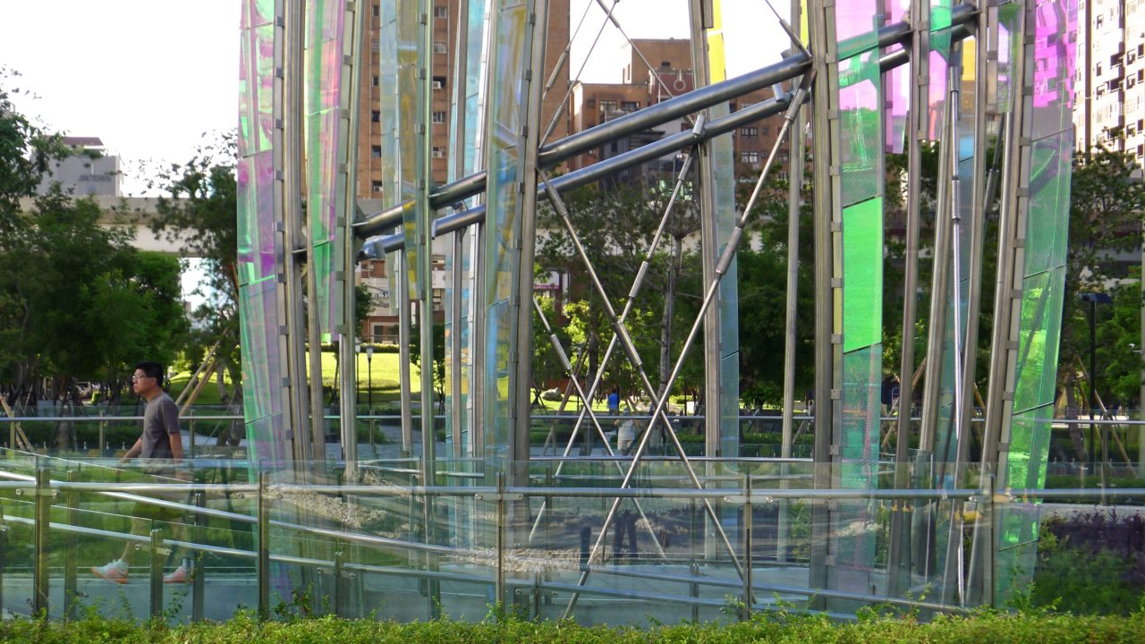 Taichung, Taiwan Civic Center monumental sculpture: Stainless Steel and Laminated Dichroic Glass. Another angle of Crocus showing details of the stainless steel and laminated glass. | Image 12 | Ed Carpenter, Artist