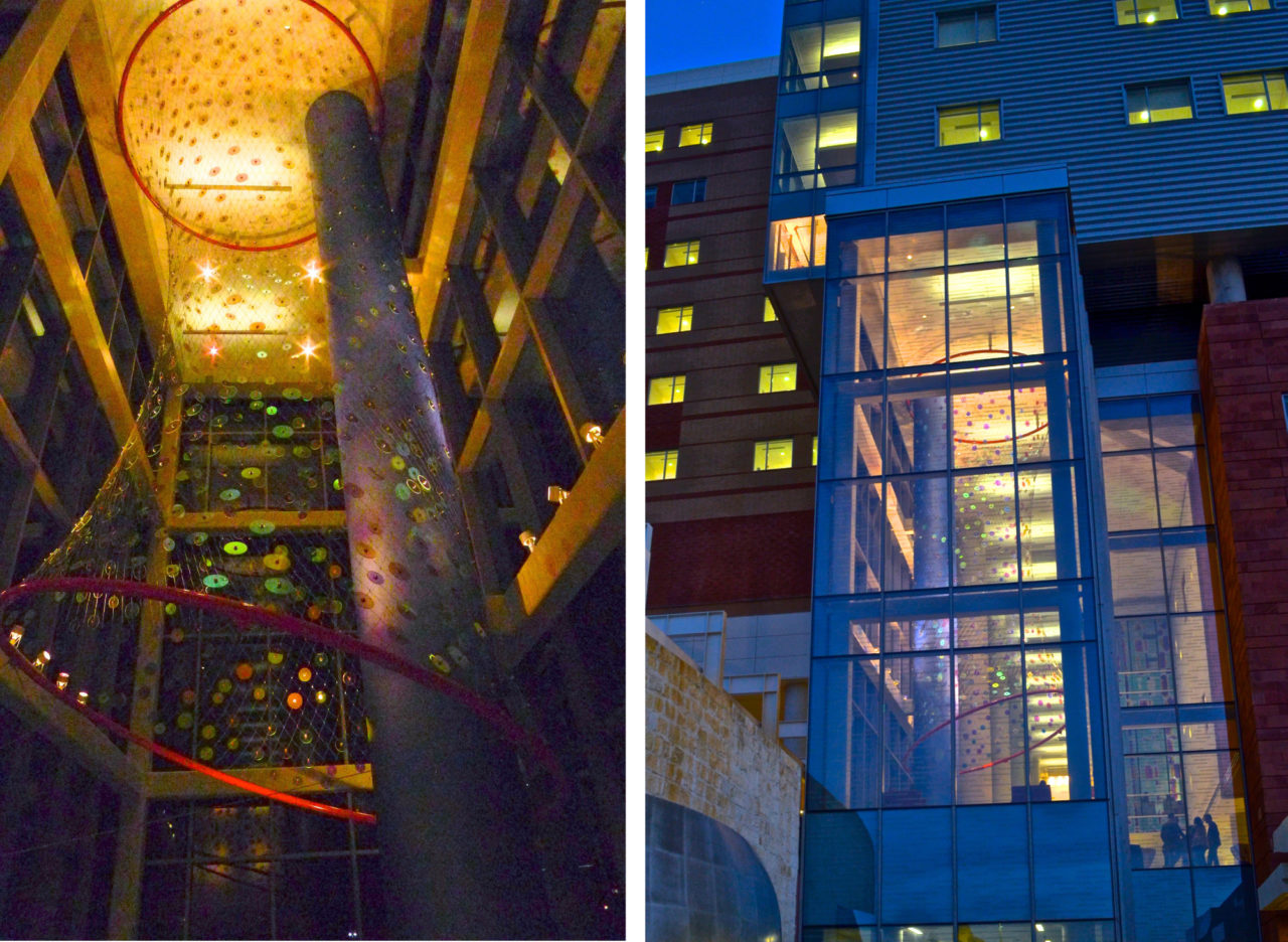 Ed Carpenter’s Foxglove suspended glass art lobby sculpture for San Antonio’s new university’s hospital is a glowing lantern greeting visitors from outside and inside. | Image 1 | Ed Carpenter, Artist