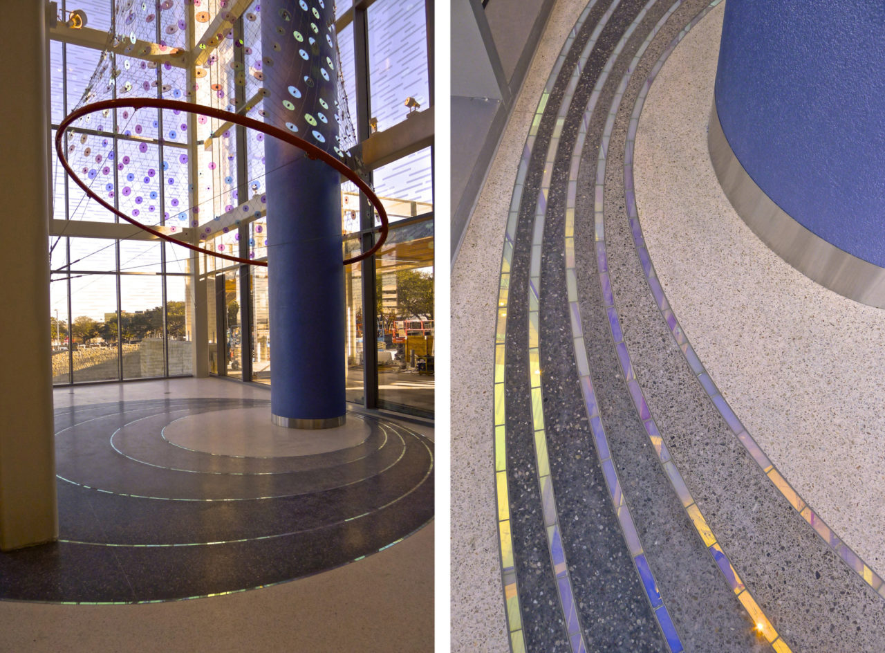 Ed Carpenter’s Foxglove suspended glass art lobby sculpture for San Antonio’s new university’s hospital and terrazzo floor, also designed by Ed Carpenter, extends the sculpture, and draws one into its realm to discover views up inside Foxglove. | Image 5 | Ed Carpenter, Artist