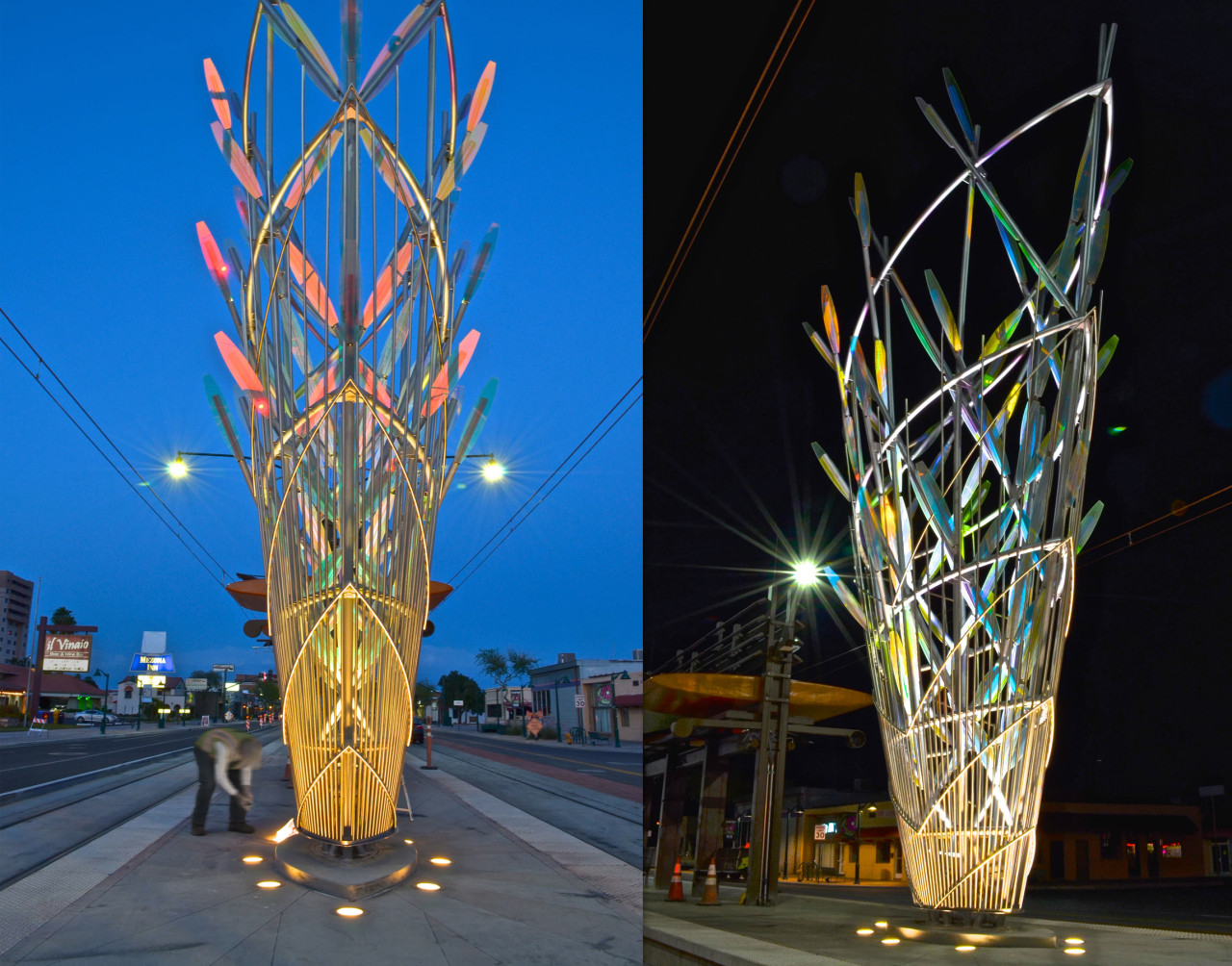 Ed Carpenter’s Mesaflora sculpture in the core of the Country Club Road light rail station marks the western entry into downtown Mesa. The sculpture’s up-lighting shown here in twilight and full night. | Image 1 | Ed Carpenter, Artist