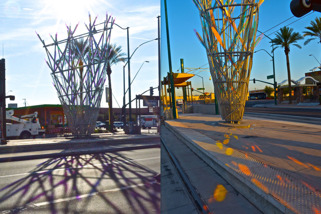 Ed Carpenter’s Mesaflora light rail sculpture from different angles show the sculptures shadows and dichroic color play. | Image 4 | Ed Carpenter, Artist