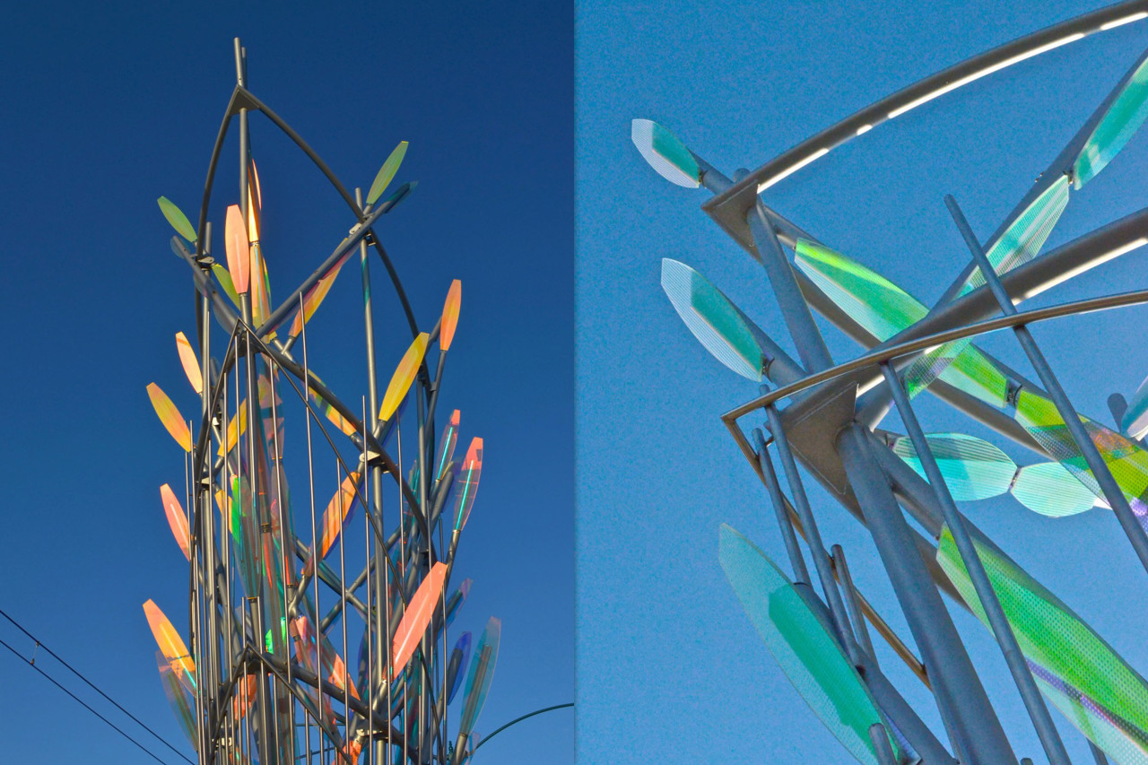 Ed Carpenter’s Mesaflora light rail sculpture close ups shows the intricate stainless steel framework holding the panels of dichroic glass. | Image 5 | Ed Carpenter, Artist