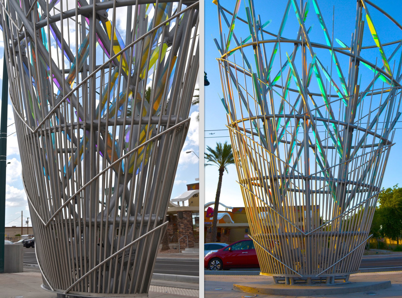 Ed Carpenter’s Mesaflora light rail sculpture cage-like base is shown here in two different views. | Image 6 | Ed Carpenter, Artist