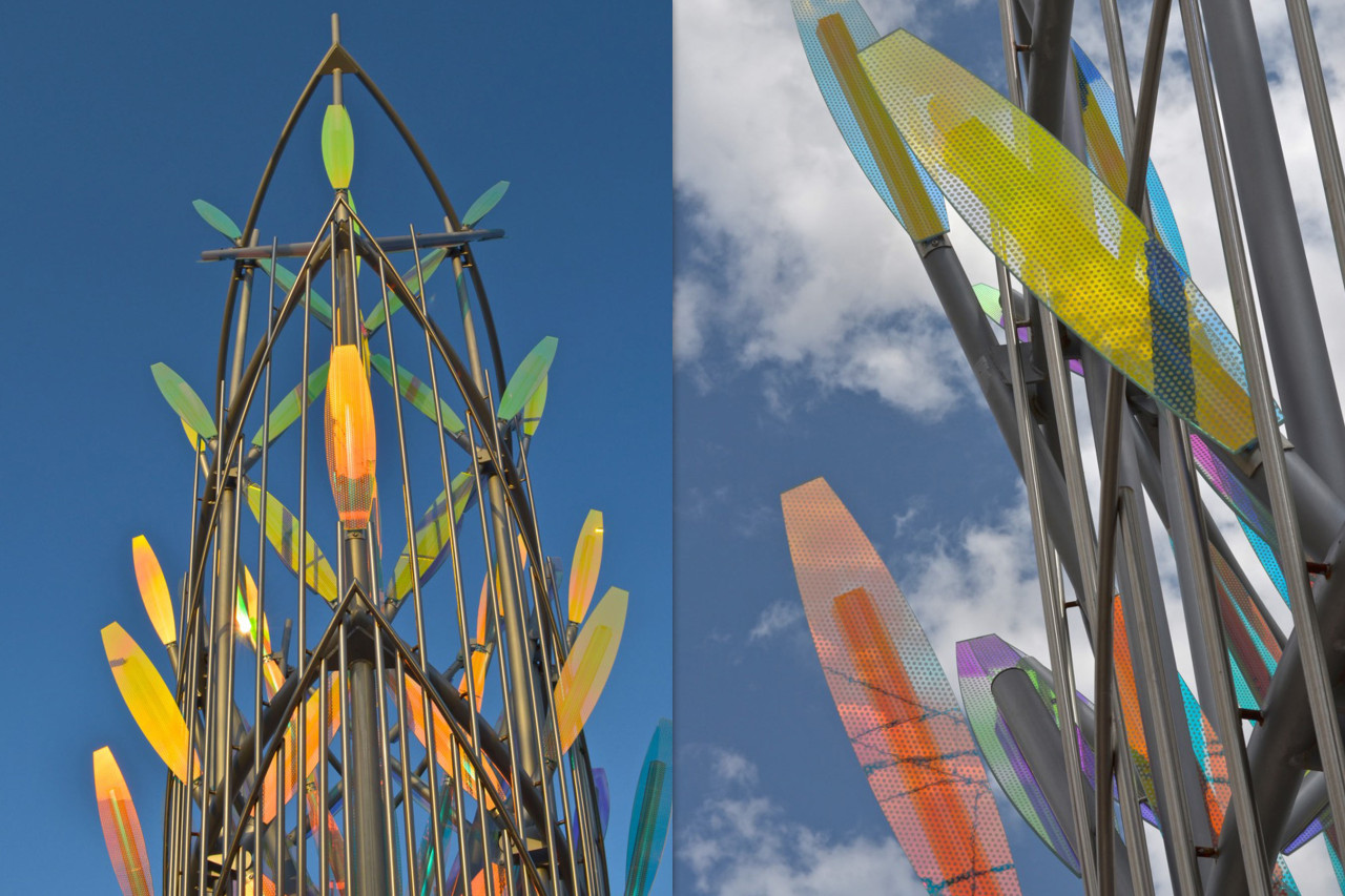 Ed Carpenter’s Mesaflora light rail sculpture close ups shows the intricate stainless steel framework holding the panels of dichroic glass. | Image 7 | Ed Carpenter, Artist