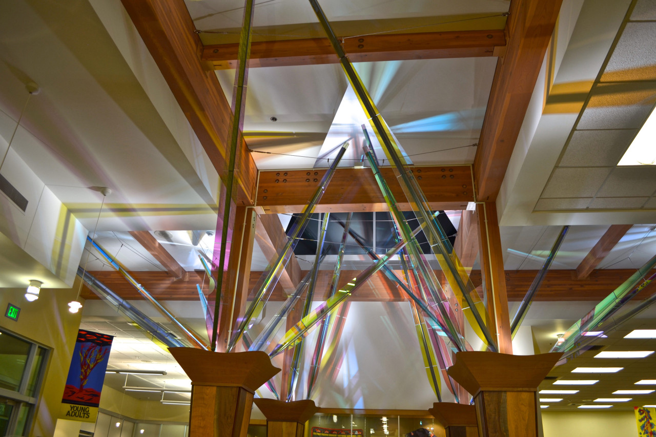 Mollie’s Garden, Ed Carpenter’s interior library sculpture is a wood, steel, and glass installation in the entry of the Forest Grove, Oregon, library. | Image 2 | Ed Carpenter, Artist