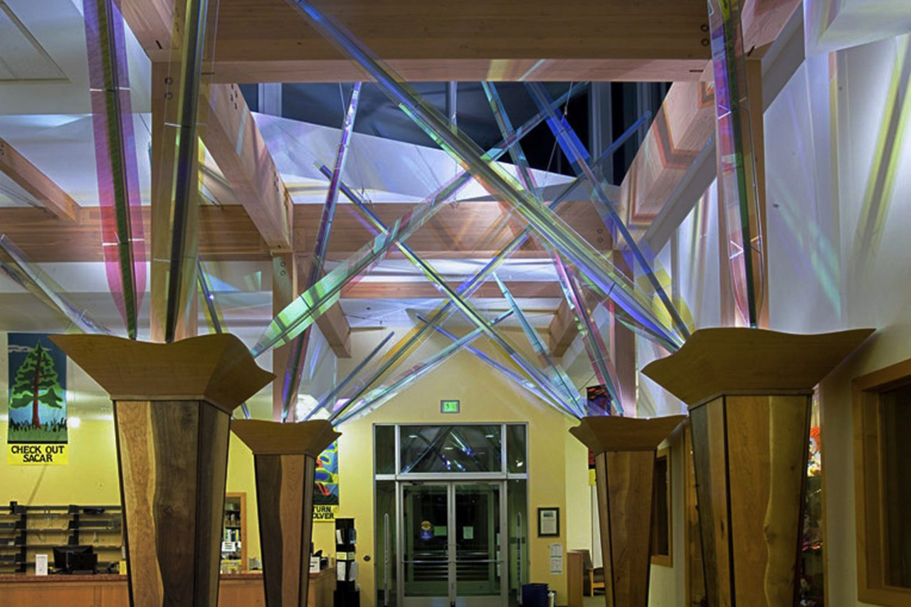 Overall view of Ed Carpenter’s interior library sculpture in Forest Grove, Oregon, dichroic glass, stainless steel and cables. | Image 6 | Ed Carpenter, Artist